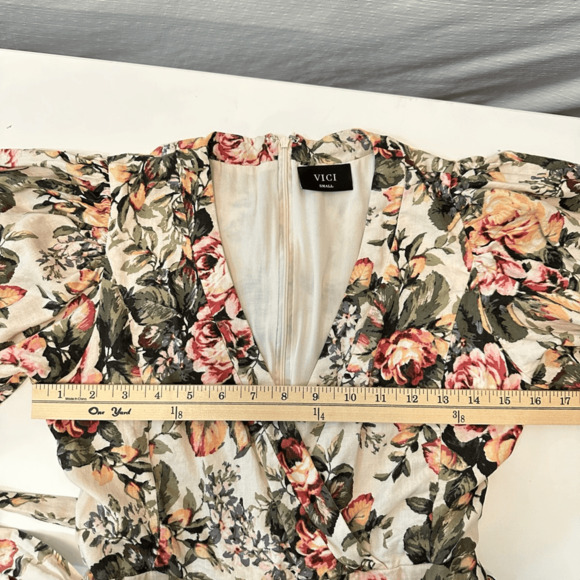 VICI Womens Floral Mini Dress Size S Puff Sleeves Bridal Shower Party Linen Boho - Picture 7 of 15